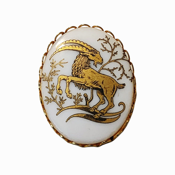 Vintage Large White & Gold Ram Brooch