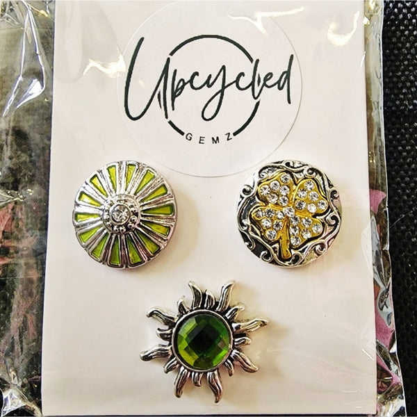 Interchangeable Snap Charm 3 Piece Set - Green/Silver Floral/Starburst Charms