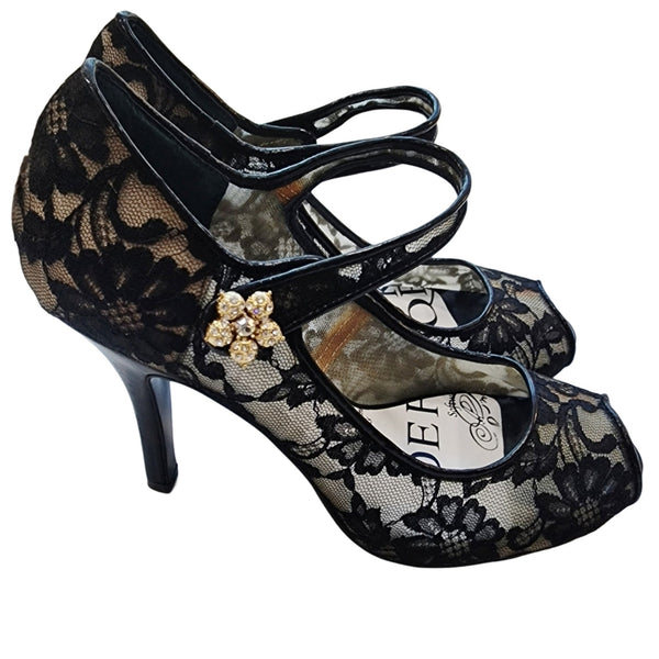 Beverly Feldman Black Lace Mary Jane Peep-Toe Heels With Pearl Velcro Closure
