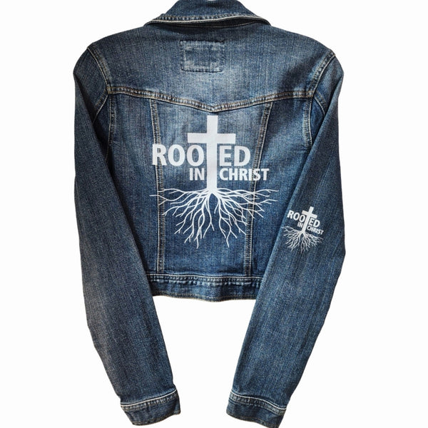 Rooted In Christ Custom Upcycled Jean Jacket, Women's M