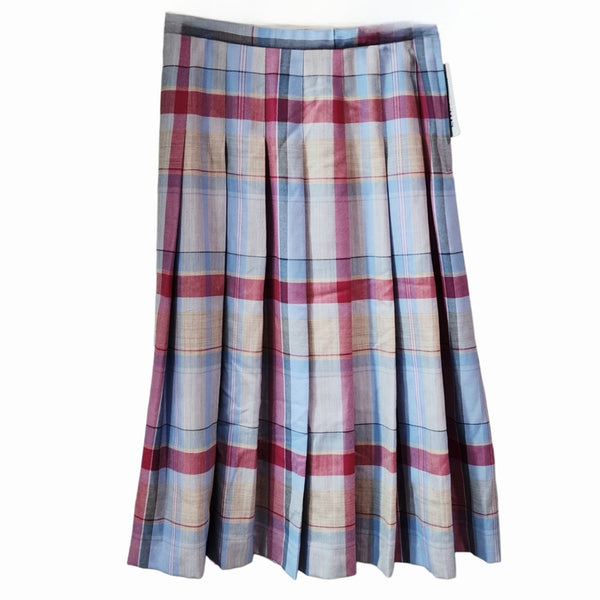 NWT Pendleton 100% Virgin Wool Blue & Plum Plaid A-Line Pleated Midi Skirt, 12
