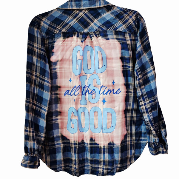 God Is Good All The Time Custom Upcycled Blue Plaid Shirt, OX