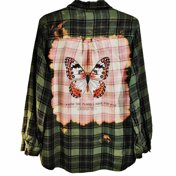 Jeremiah 29:11 Custom Christian Upcycled Green Plaid Lightweight Flannel Shirt