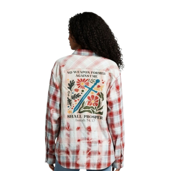 No Weapon Formed Against Me Shall Prosper Repurposed Christian Theme Plaid Shirt, XL