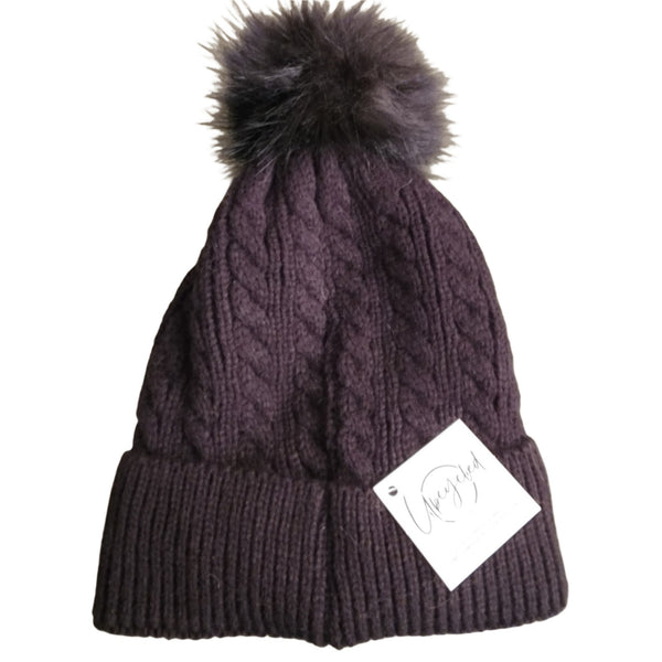 Christian Black Cable Knit Pom Beanie with Tan Faux Leather 