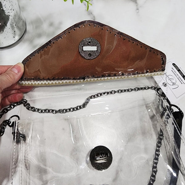 Clear Stadium Bag W/ Repurposed Handsewn LV Canvas Flap, Removable Gunmetal Chain