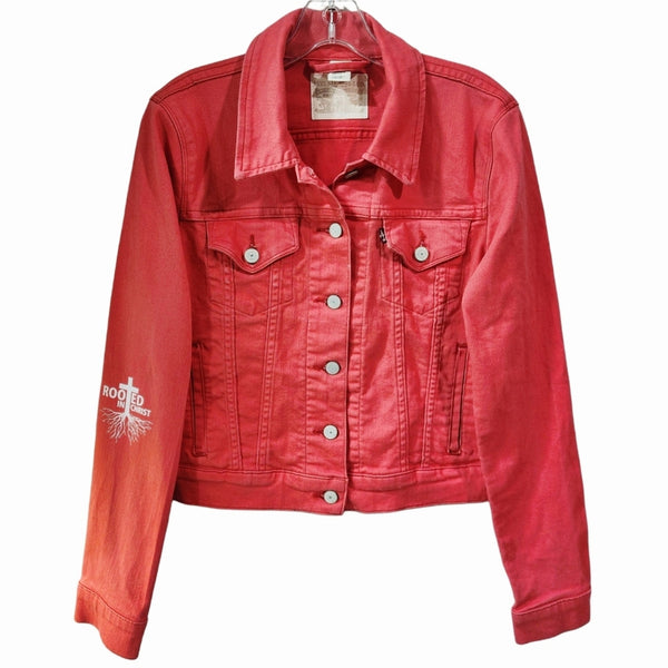 Rooted In Christ Red Custom Upcycled Jean Jacket, Women's M
