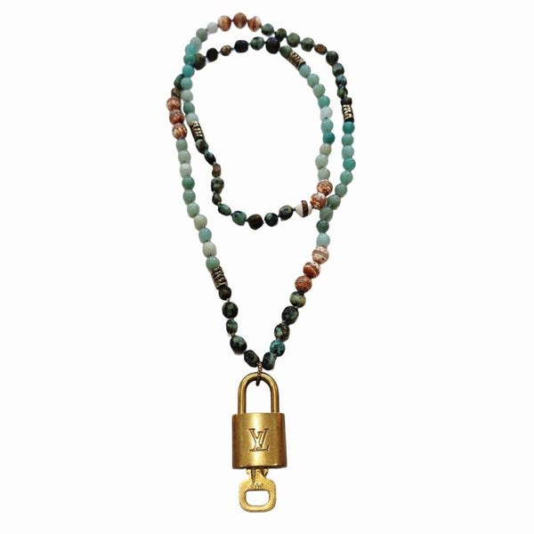 Louis Vuitton Gold Padlock with Key Repurposed Blue Earth Tone Beaded Statement Necklace