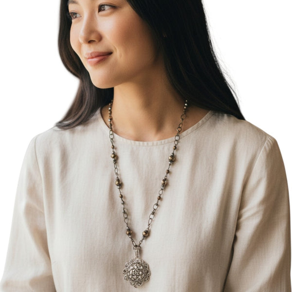 Silver & Black Quilted Designer Button Pendant on Beaded Long Necklace