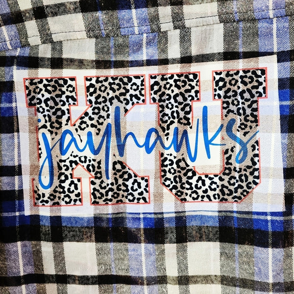 Kansas University KU Jayhawks Custom Upcycled Plaid Flannel Shirt, 2X
