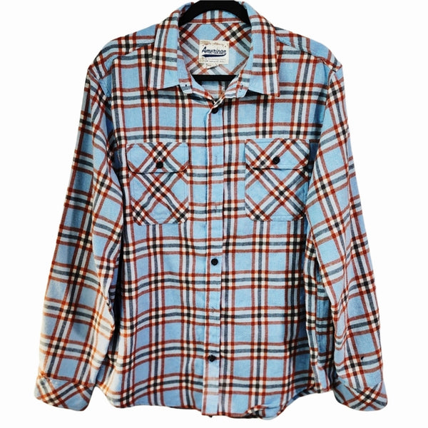 Gobble Til You Wobble Blue & Orange Custom Plaid Flannel Shirt, L