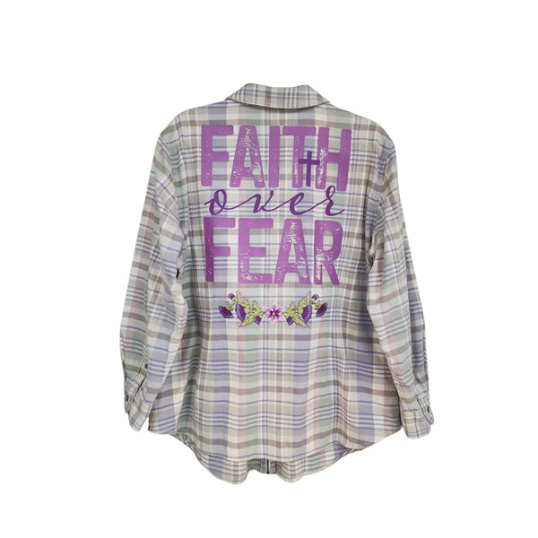 Faith Over Fear Repurposed Christian Theme Zip Front Shirt Jacket, 1X