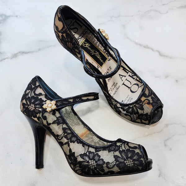 Beverly Feldman Black Lace Mary Jane Peep-Toe Heels With Pearl Velcro Closure