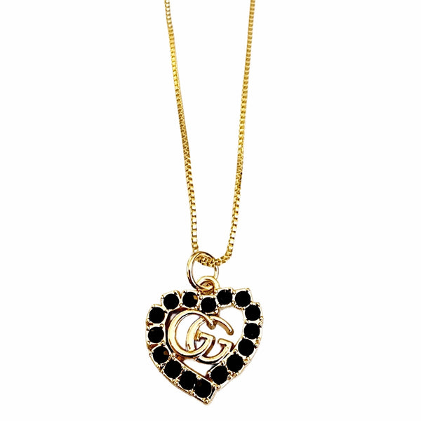 Repurposed Designer GG Black Rhinestone Heart Charm on 18K GF Chain