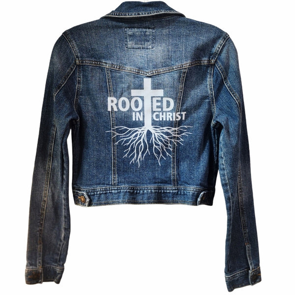 Rooted In Christ Custom Upcycled Jean Jacket, Women's M