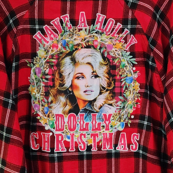 Have A Holly Dolly Christmas Custom Upcycled Red Plaid Flannel Shirt, 2X