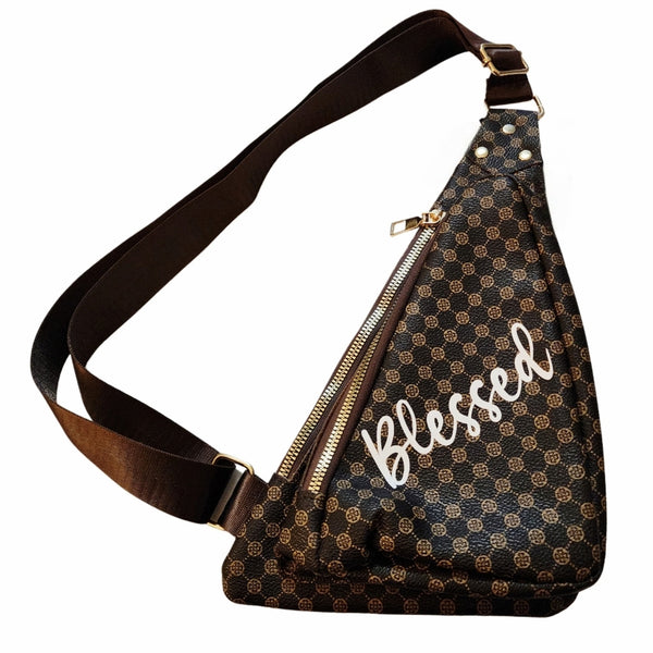 Blessed Geometric Print Faux Leather Triangle Bum Crossbody Bag Adjustable Strap