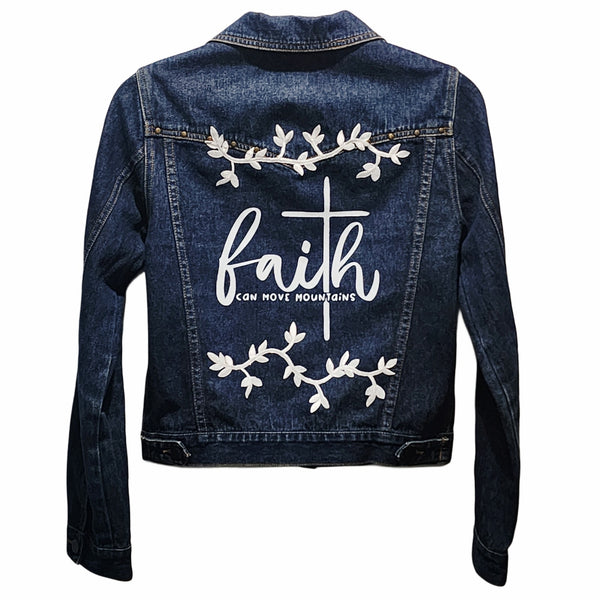 Faith Can Move Mountains Custom Floral Upcycled Denim Jacket W/Stud Details, Women's L