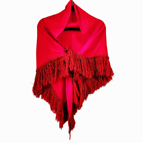 Rare Handwoven Vintage Two Piece Red Fringed Midi Skirt With Matching Shawl, XS