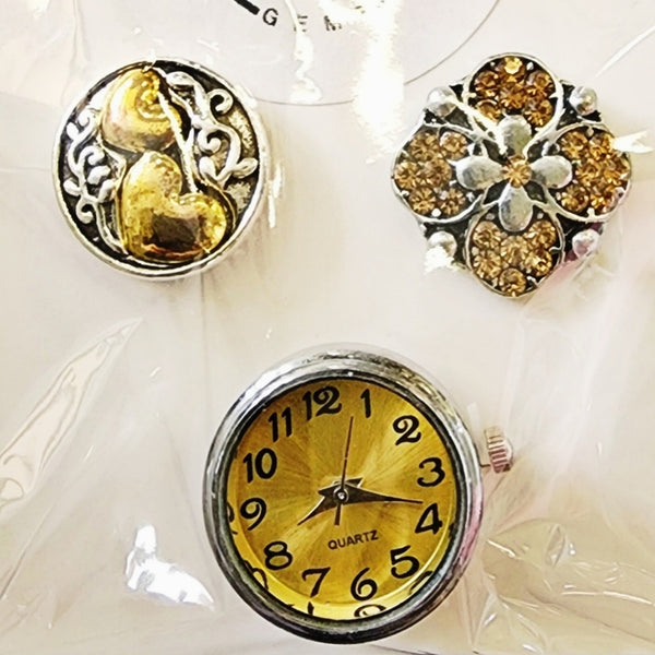 Interchangeable Snap Charm 3 Piece Set - Yellow/Silver Heart/Watch Charms