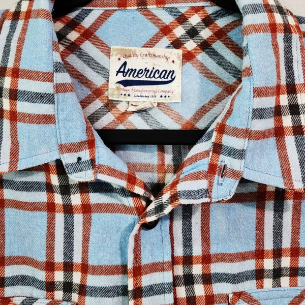 Gobble Til You Wobble Blue & Orange Custom Plaid Flannel Shirt, L