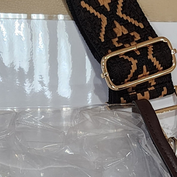 Curved Clear Stadium Bag in Black with Sunflower Charm & Woven Crossbody Strap