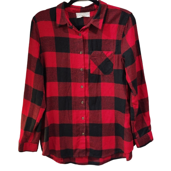 Have a Holly Dolly Christmas Upcycled Red & White Buffalo Plaid Flannel Shirt, M