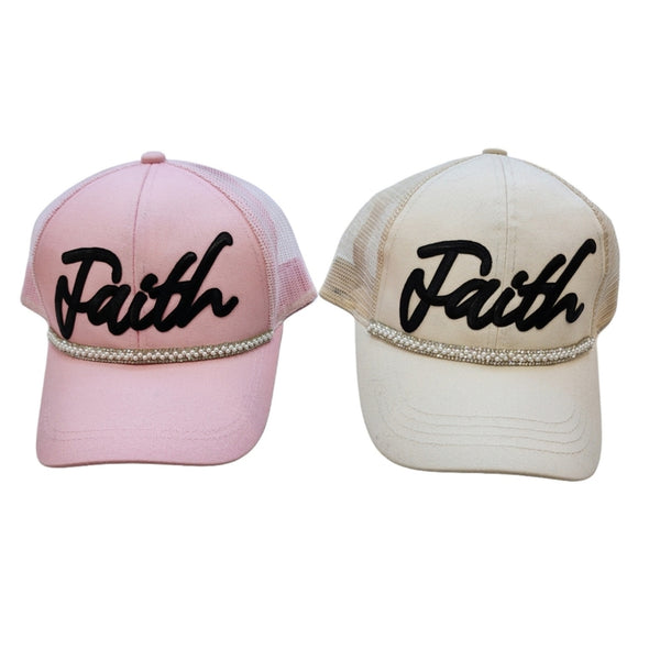 Faith Pearl/Rhinestone Handcrafted Pink Ponytail Cap
