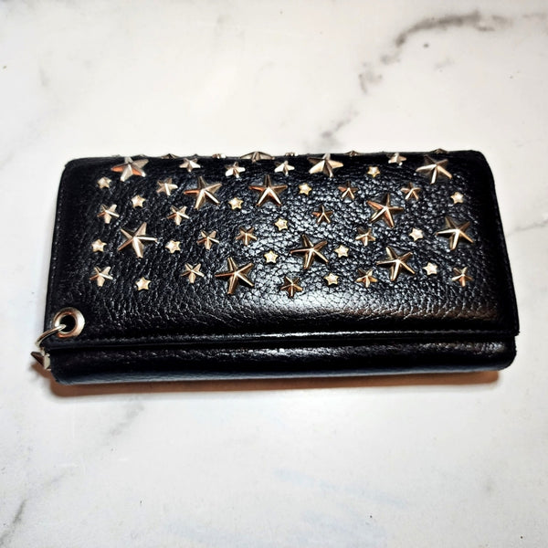 Authentic Jimmy Choo Black Leather Star Studded Wallet w/Shoulder Chain WOC