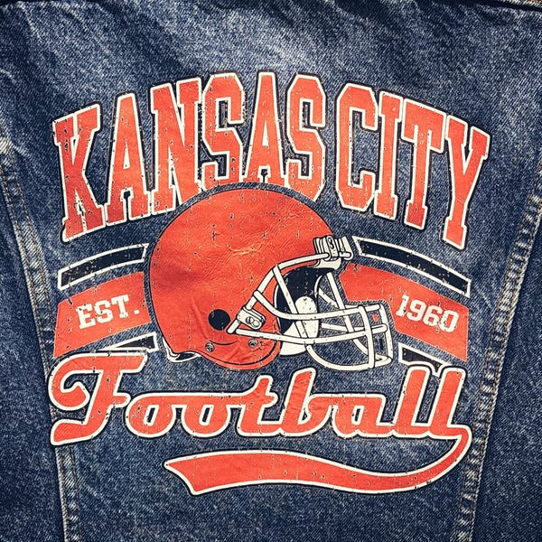 Kansas City Chiefs Football Custom Upcycled Jean Jacket, Size L