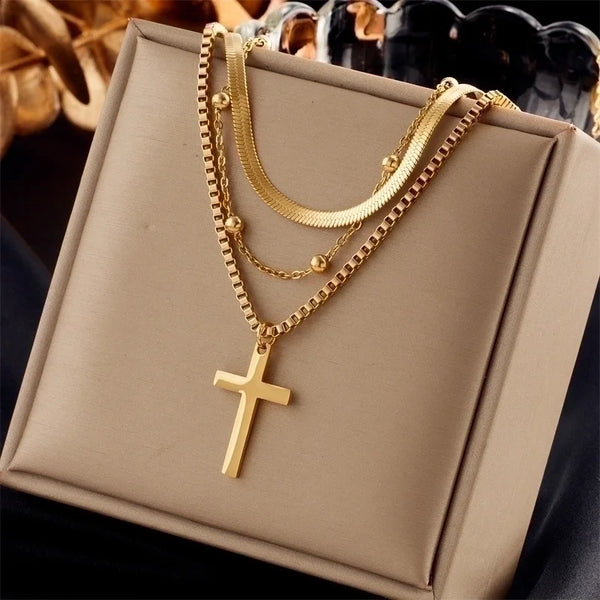 Cross Necklace Trio - Stainless Steel 18K Gold Plated