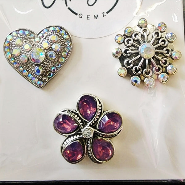 Interchangeable Snap Charm 3 Piece Set - Purple/Silver Heart/Floral Charms
