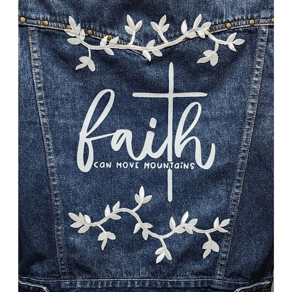 Faith Can Move Mountains Custom Floral Upcycled Denim Jacket W/Stud Details, Women's L