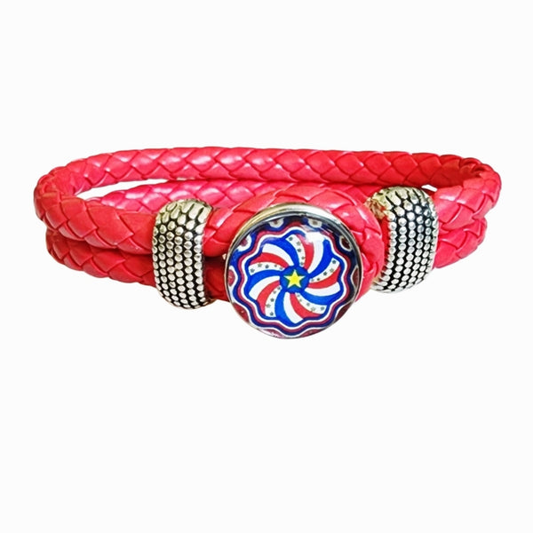 Red Braided Snap Charm Bracelet with Patriotic Swirl Charm