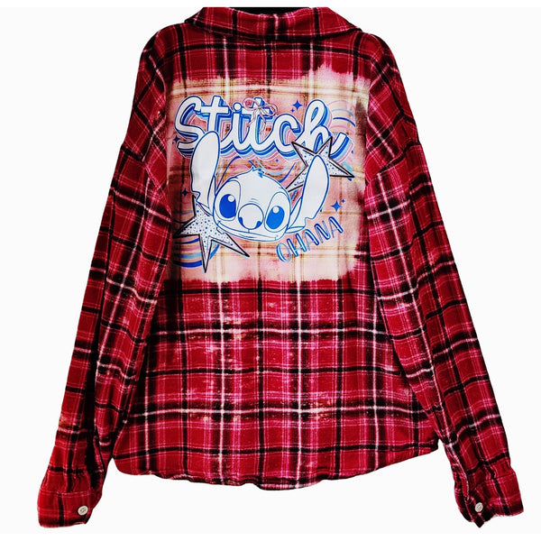 Stitch Custom Upcycled Bleached Kid's Plaid Flannel Red Shirt, 10-12