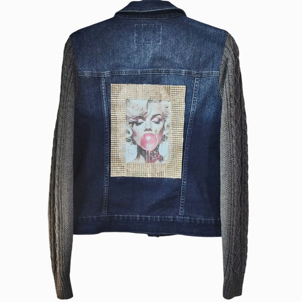 Marilyn Monroe Custom Back Design on Repurposed Guess Sweater Sleeve Jean Jacket, Size Juniors L