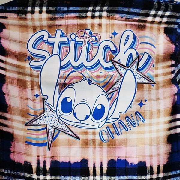 Stitch Custom Upcyled Blue Plaid Flannel Kids Shirt, Size 10