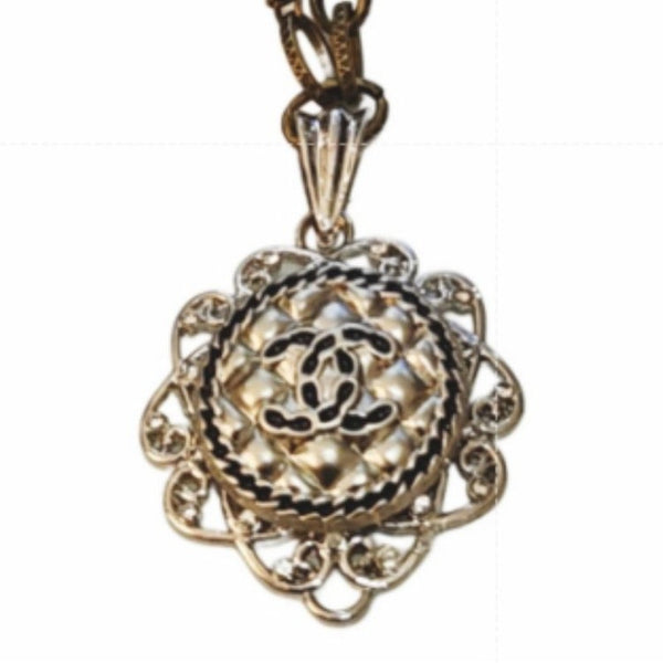 Silver & Black Quilted Designer Button Pendant on Beaded Long Necklace