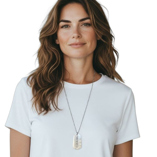 Chanel Silver Dog Tag on Unbranded Silver Necklace Chain