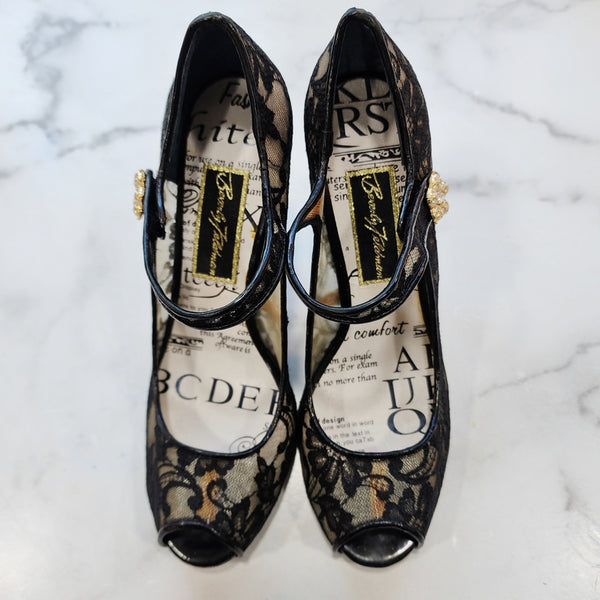 Beverly Feldman Black Lace Mary Jane Peep-Toe Heels With Pearl Velcro Closure