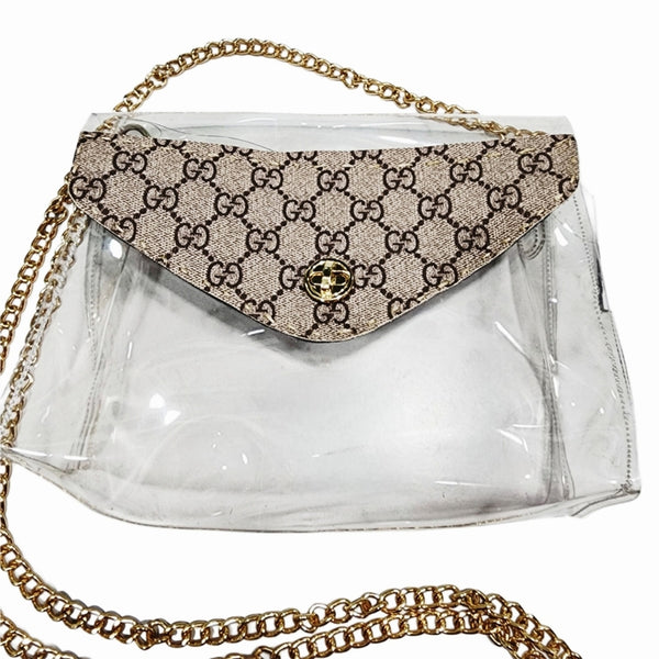 Clear Stadium Bag W/ Repurposed Handsewn GG Canvas Flap, Removable Gold Chain Strap