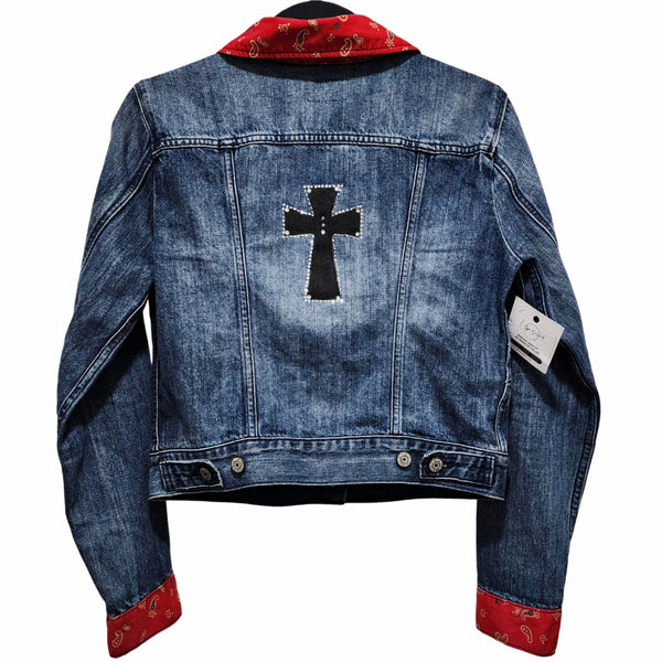 Christian Cross Handpainted W/Rhinestone Details on Vintage Levi's Jean Jacket, M