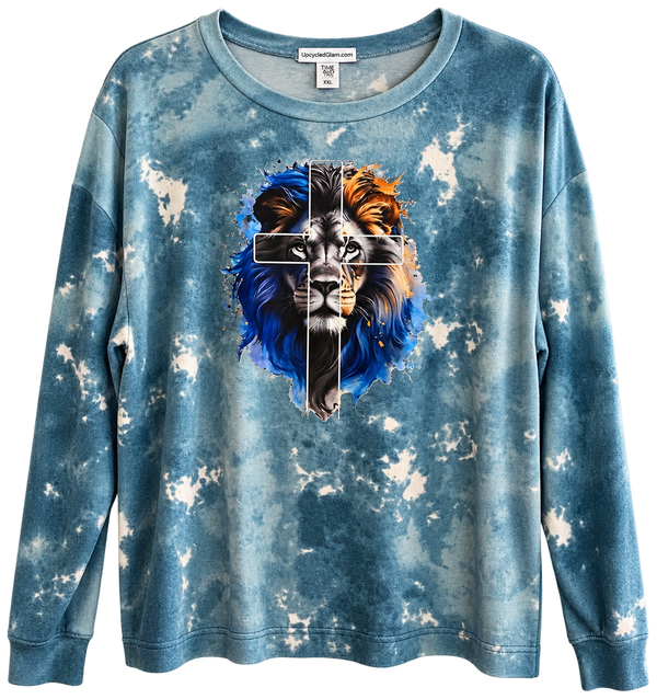 Cross & Lion Custom Tie Dye Christian Upcycled Sweatshirt, M