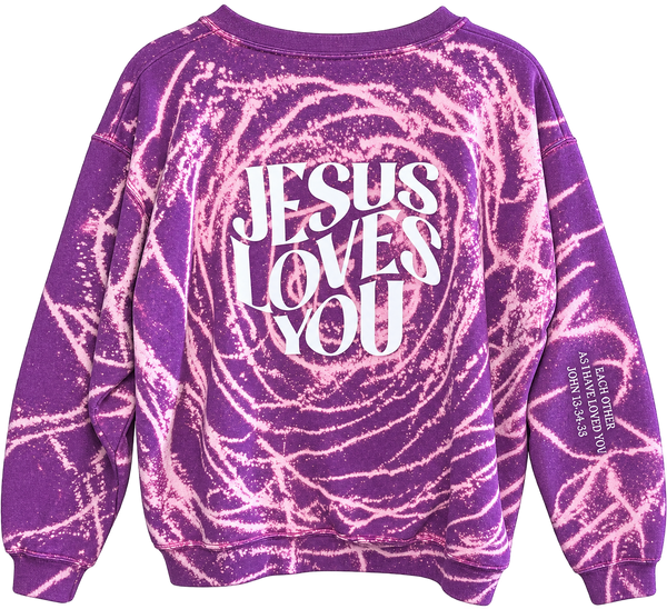 WWJD (Front) Jesus Loves You (Back) Custom Tie Dye Christian Upcycled Sweatshirt, L