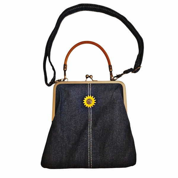 Interchangeable Sunflower Snap Charm Denim Crossbody Bag with Kiss Lock Clasp