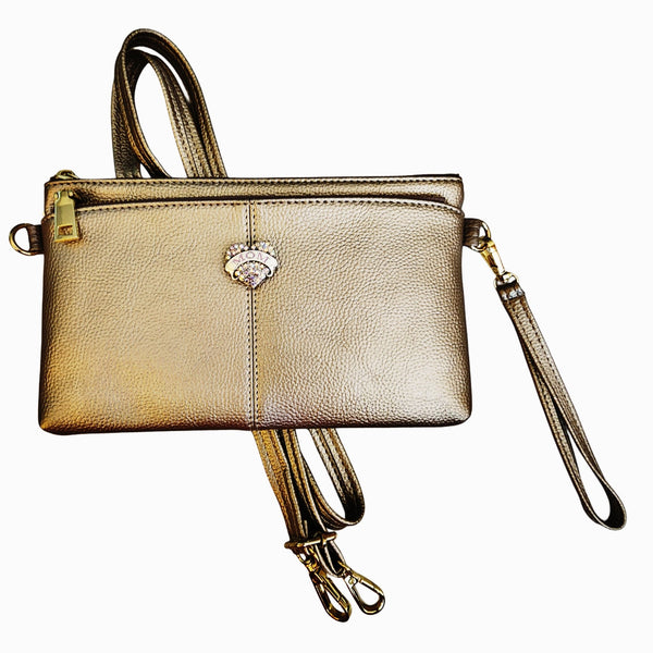 Interchangeable Snap Charm on 3-Zippered Compartment Wristlet/Crossbody Bag in Gold