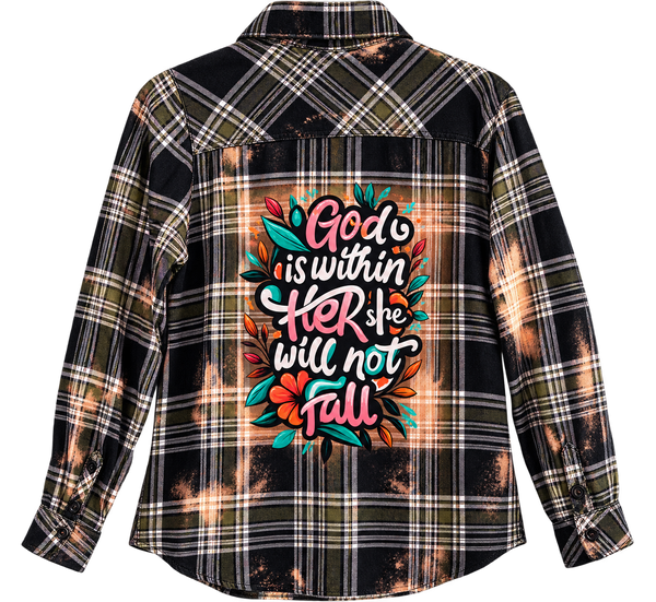 God Is Within Her She Will Not Fall Repurposed Christian Theme Plaid Shirt, M