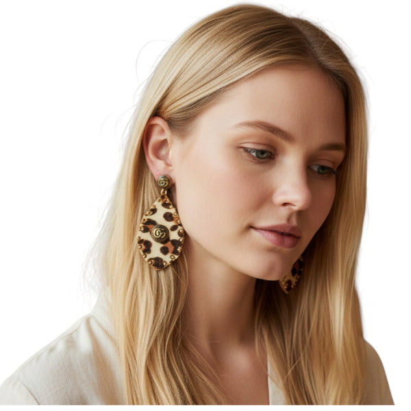 Designer Button Adorned Hair on Hide Cowhide Studded Earrings