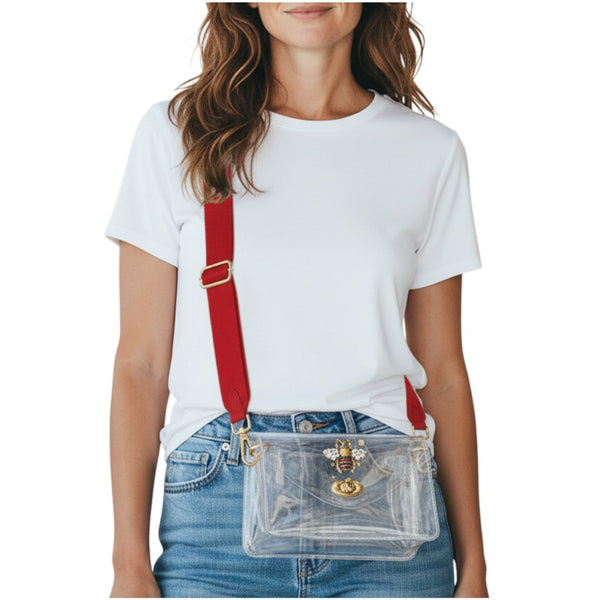 Interchangeable Snap Charm Stadium Crossbody Bag with Red Strap