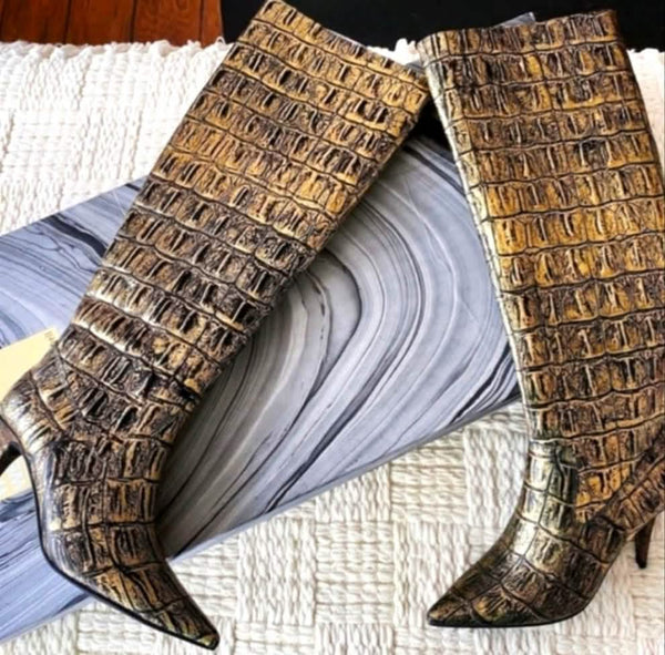 NIB Jeffrey Campbell Parallel-K Croco Embossed Gold Leather Heeled Boot, Size 6 Boots Upcycled Designer Gemz 